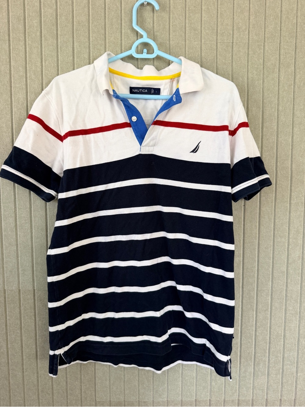 Nautica Men’s Navy, White & Red Striped Polo with Blue Placket